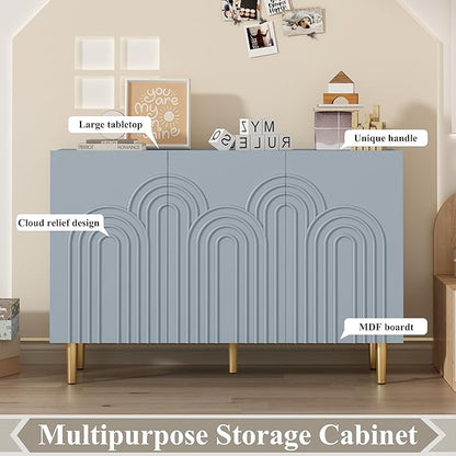 ARTPOWER 47" Accent Cabinet with Cloud Relief, Sideboard Buffet Cabinet with 3 Doors, Modern Decorative Credenza with Storage for Living Room, Kitchen, Dining Room, Hallway, Entryway, Blue