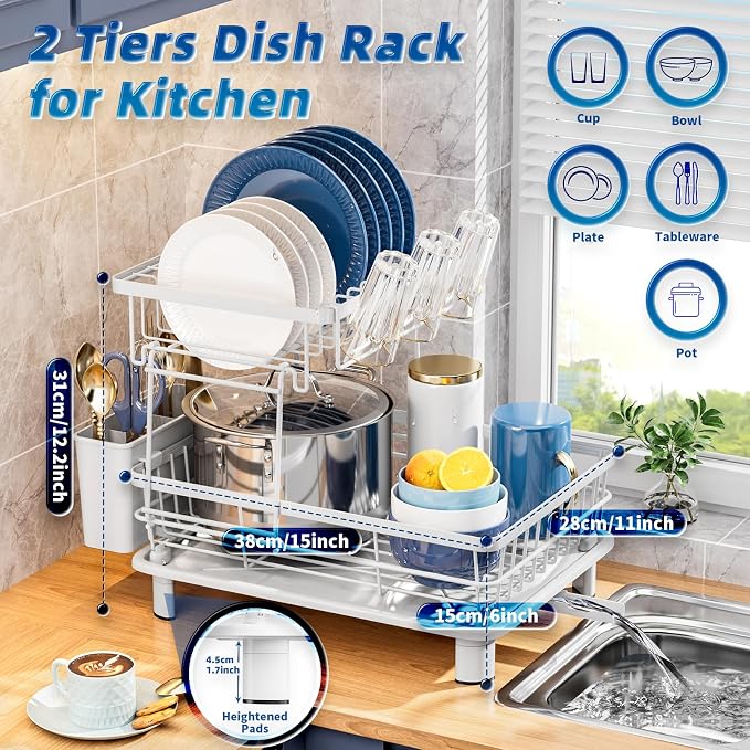 GAOKASE Dish Drying Rack, Stainless Steel-Dish Rack, Dish Racks for Kitchen Counter, Kitchen Dish Drainers with Removable Utensil Holder,New Drain Outlet,Plate Rack and Drainboard (White 3)