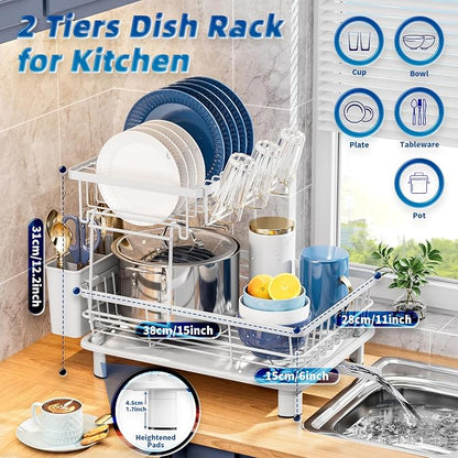 GAOKASE Dish Drying Rack, Stainless Steel-Dish Rack, Dish Racks for Kitchen Counter, Kitchen Dish Drainers with Removable Utensil Holder,New Drain Outlet,Plate Rack and Drainboard (White 3)