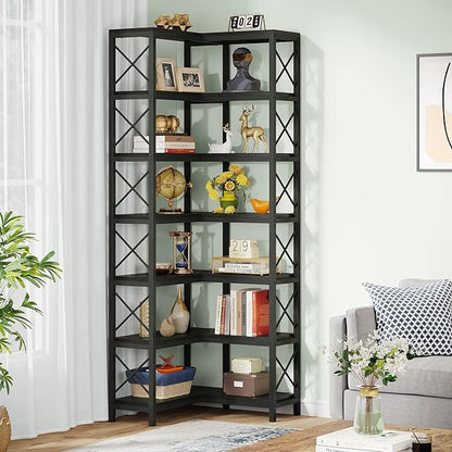 Tribesigns 7-Shelf Corner Bookshelf,Large Modern Corner Bookcase, 7-Tier Tall Corner Shelf Storage Display Rack with Metal Frame for Living Room Home Office (Black)