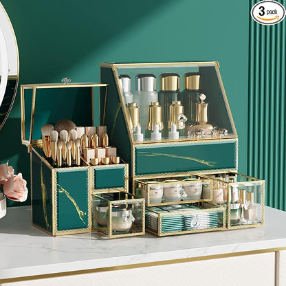 CoralHouse Vintage Green Glass Makeup Organizer with Lid, 3-Piece Vanity Organizer with Gold Frame, Cosmetic Display Case for Skincare, Perfume, Lipsticks, Brushes, Bathroom Countertop & Dresser