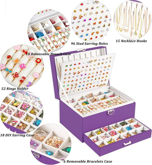 QBestry Earrings Jewelry Box for Girls, 5 Layers Jewelry Organizer with Earring Holder Organizer for Girls Earring Organizer Jewelry Boxes for Women Earrings and Necklaces Jewelry Box Organizer Purple