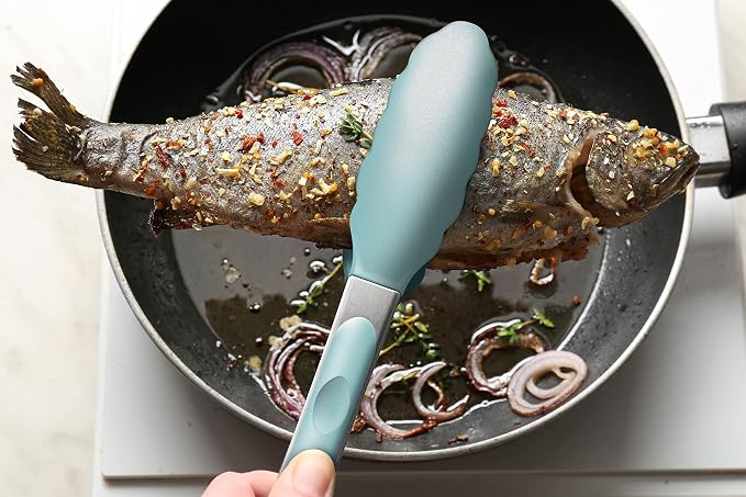 2 Pack Silicone Kitchen Tongs – 9" & 12" Set, Heat Resistant up to 500°F, Non‑Stick Cookware Safe, Wavy Silicone Tips, BPA Free, Locking Clip & Hanging Loop, Aqua Sky