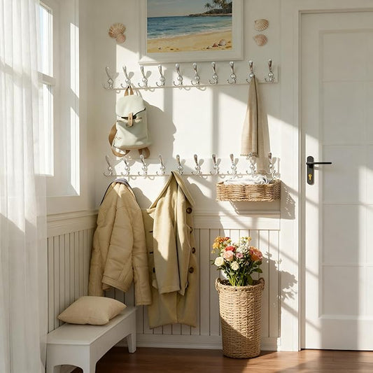 SKOLOO Creations White Solid Wood Wall Mounted Coat Rack, 10 Hooks, 38-1/8" Long - Kitchen, Mudroom, Entryway, Bathroom - Includes Mounting Hardware, Wall Coat Hanger, Towel Rack