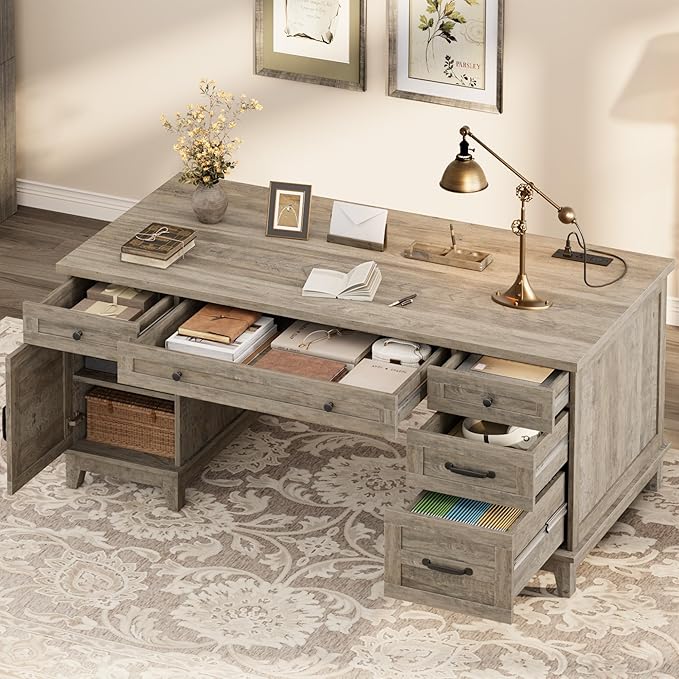 60" Traditional Home Office Desk with Power Outlets, Wooden Executive Desk with File Cabinet and Drawers, Farmhouse Wood Work Desk for Work, Study, Writing, Gray