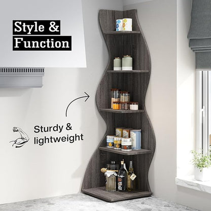 Tribesigns Corner Shelf, Modern 5-Tier Wall Corner Bookshelf, Stylish Corner Small Bookcase Storage Rack Plant Stand with Unique Shape for Living Room, Home Office(Gray, 2PCS)