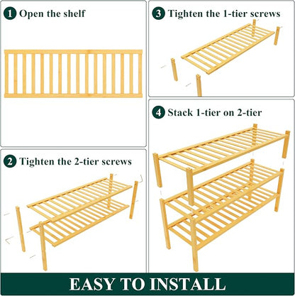 Smiry Long Bamboo Shoe Rack, 3 Tier Free Standing Wooden Shoe Organizer, Stackable Wood Shoe Storage Shelf for Closet, Entryway, 12 Vertical Slats, 2+1 Stack Standard Legs, 33.7"x11"x19.5", Natural