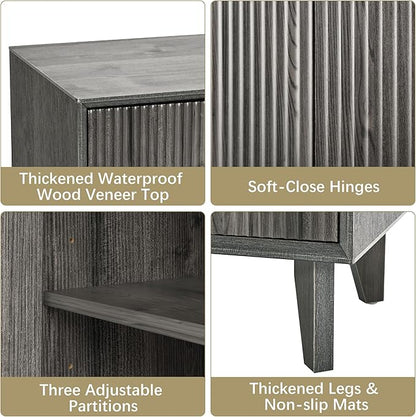 Fluted Cabinet with Storage, Buffet Sideborad with 4 Doors Kitchen Buffet Storage Accent Cabinet with Adjustable Shelves for Living Room, Entry, Hallway, Black&Grey