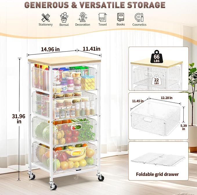 SUNALLY Rolling Kitchen Cart with Drawers, 4-Tier Utility Cart Fruit Vegetable Storage Cart with Lockable Wheels, Wooden Top Metal Kitchen Storage Organizer for Cans, Snacks, Beauty, Craft, Art, White