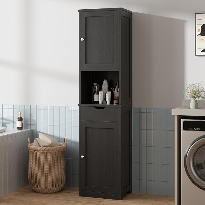 Walsunny Tall Bathroom Storage Cabinet with Freestanding Adjustable Shelves, Narrow Storage Linen Cabinet with 2 Doors and 1 Drawer for Bathroom, Living Room, Kitchen, Black