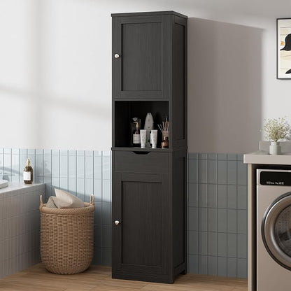 Walsunny Tall Bathroom Storage Cabinet with Freestanding Adjustable Shelves, Narrow Storage Linen Cabinet with 2 Doors and 1 Drawer for Bathroom, Living Room, Kitchen, Black