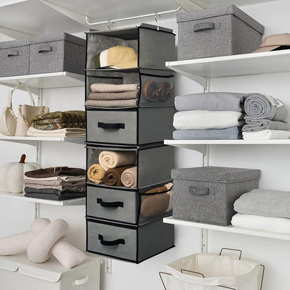 GRANNY SAYS 6-Shelf Hanging Closet Organizer, Separable to 2 Pack 3-Shelf, Closet Organization and Storage with 3 Different Drawers, 4 Side Pockets Wardrobe Clothes Organizer, Gray, 1-Pack