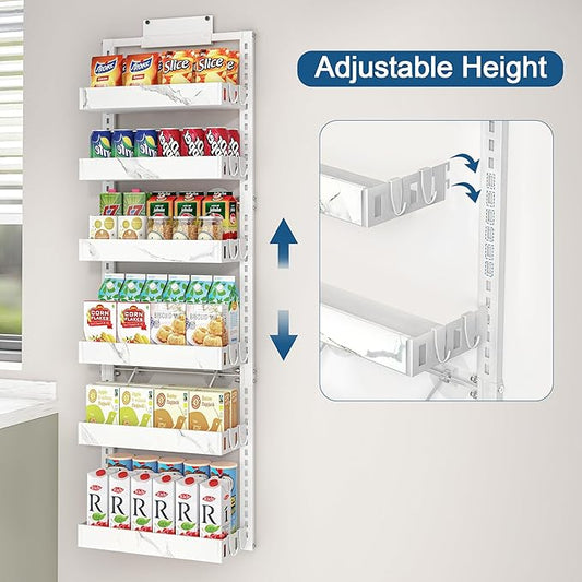 BUKFEN 6-Tier Over the Door Pantry Organizer, 2-in-1 Door Hanging or Wall Mounted Spice Rack, Heavy Duty Metal Storage Shelves with Adjustable Baskets for Kitchen Bathroom Closet, 1 Pack
