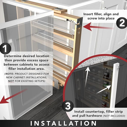 Rev-A-Shelf 3" W x 39" H Pull Out Quad Shelf Organizer for Wall & Base Kitchen Cabinets, Full Extension Filler Spice Rack, Adjustable, Wood, 432-WF39-3C