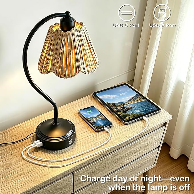 Set of 2 Vintage Small Touch Table Lamps with USB A+C Ports | 3-Way Dimmable Bedside Lamp, Retro Rattan Shade Curved Arm Desk Lamp for Bedroom Living Room Nightstand, Bulb Included