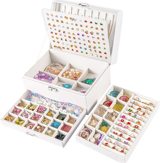 QBestry Earring Jewelry Box for Women Girls Stud Organizers, 5 Layers White Jewelry Organizer Box with Lock Necklaces and Earrings Holder Jewelry Box with Earring Organizer for Women Girls Xmas Gifts