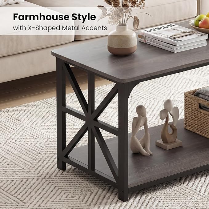 Giantex Farmhouse Coffee Table, 43" Center Table with Storage & X-Shaped Frames, 2-Tier Modern Accent Cocktail Tea Table, Rectangular Wooden Living Room Tables for Small Spaces, Grey Oak