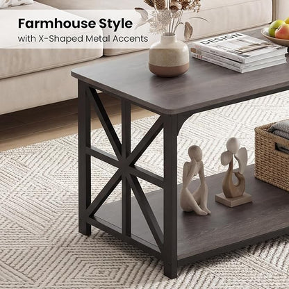 Giantex Farmhouse Coffee Table, 43" Center Table with Storage & X-Shaped Frames, 2-Tier Modern Accent Cocktail Tea Table, Rectangular Wooden Living Room Tables for Small Spaces, Grey Oak