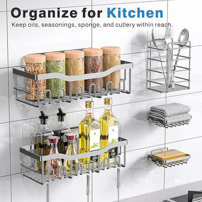 EUDELE 5-Pack Adhesive Shower Caddy Organizer, Large Capacity Rustproof Stainless Steel Shower Shelves, No Drill Bathroom Storage for Shower, Kitchen & Home Decor