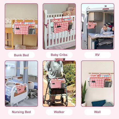 Surblue Bedside Caddy Hanging Bed Organizer Storage Bag Pocket for Bunk and Hospital Beds, College Dorm Rooms Baby Bed Rails, Camp 8 Pockets, (Large, Red Plaid)