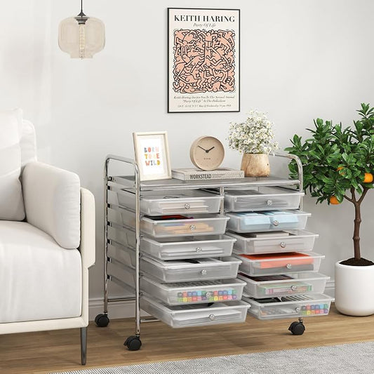 Giantex 12 Drawers Rolling Cart, Mobile Storage Drawer Cart, Classroom Organizer Cart for Office School Supplies Tools Scrapbook Paper Craft Small Printer, Utility Cart on Wheels, Clear