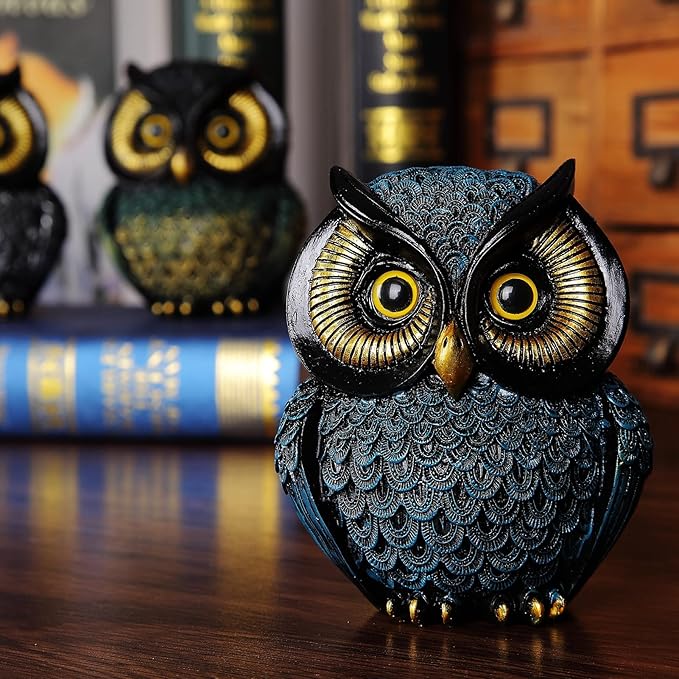 Artpaul Owl Statue Home Decor - Small Figurines for Shelves, Office, Living Room - Decorations and Gifts for Owl Lovers (Blue)