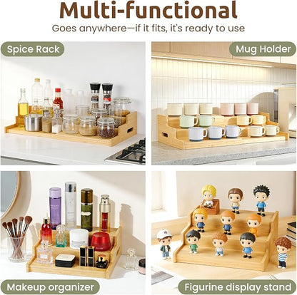 3-Tier Expandable Bamboo Mug Holder for Countertop Coffee Cup Holder Display Mug Organizer Mug Rack for Coffee Bar Organizer Mug Shelf for Cabinet for Kitchen, Home, No Assembly