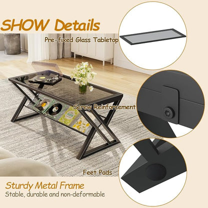 Wolawu Glass Coffee Table Living Room Table with Storage Shelf, Grey Glass Table Simple Modern Rectangular Tables with Sturdy Black Metal Frame,Industrial Glass Coffee Table for Bedroom Home Office