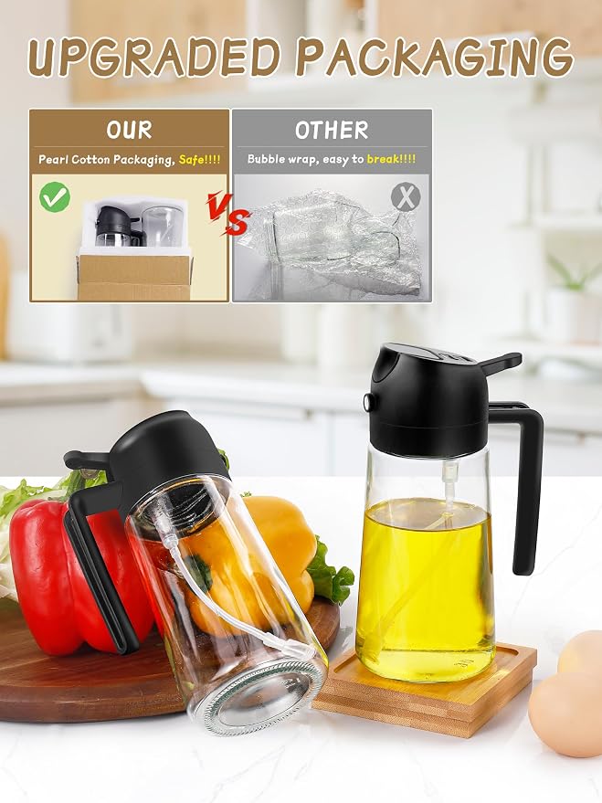 Kitchen Gadgets Oil Sprayer for Cooking 2pcs,Oil Dispenser for Kitchen,2 in 1 Oil Dispenser and Oil Sprayer,16oz Olive Oil Dispenser Bottle for Air Fryer,Salad, Grill (Black Kitchen Accessories)