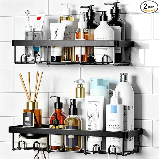 Moforoco Shower Caddy Shelf Organizer Rack, Self Adhesive Black Bathroom Shelves Basket, Home Farmhouse Wall Inside Organization and Storage Decor Rv Accessories, First Camper Apartment Essentials