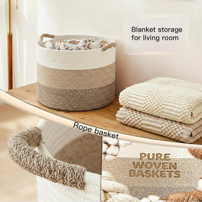 Artfeel 40L Large Cotton Rope Basket, Decorative Woven Blanket Storage for Living Room, Boho Toy Storage & Toy Box for Kids, Versatile Laundry Basket & Nursery Hamper for Blankets(Brownyellow)