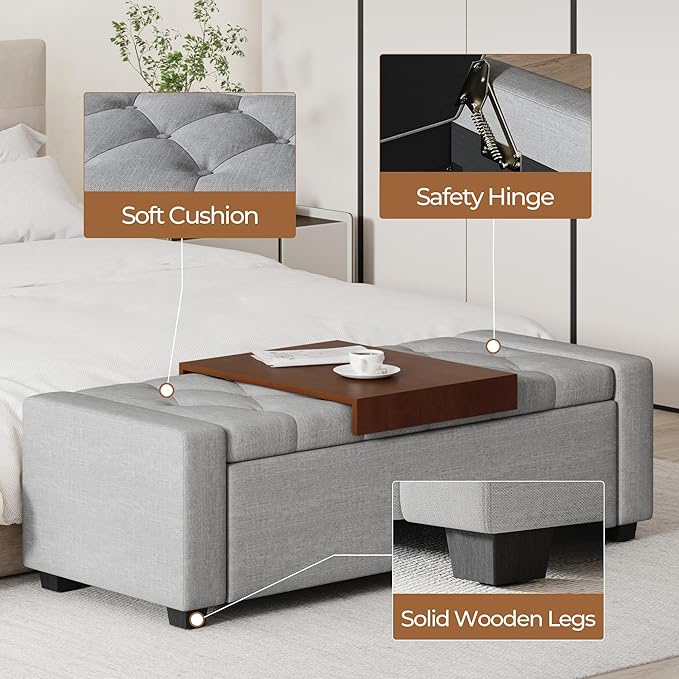 Storage Ottoman Bench with Tray,Large Entryway Ottoman with Storage, Rectangular Bench with Cushion and Safety Hinge for Living Room Bedroom,Light Gray