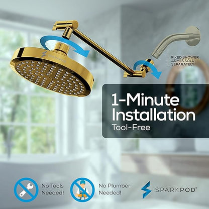 SparkPod Round Rain Shower Head with Extension Arm - Height Adjustable Shower Head with High Pressure Performance - Easy 1-Minute Installation (11" Arm Extension, Egyptian Gold)