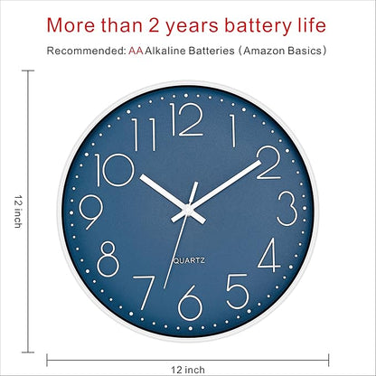 Foxtop Modern Wall Clock Silent Non Ticking Battery Operated Quartz Round Wall Clock Decor for Bedroom Kitchen Home Office School (12 Inch, Cerulean)