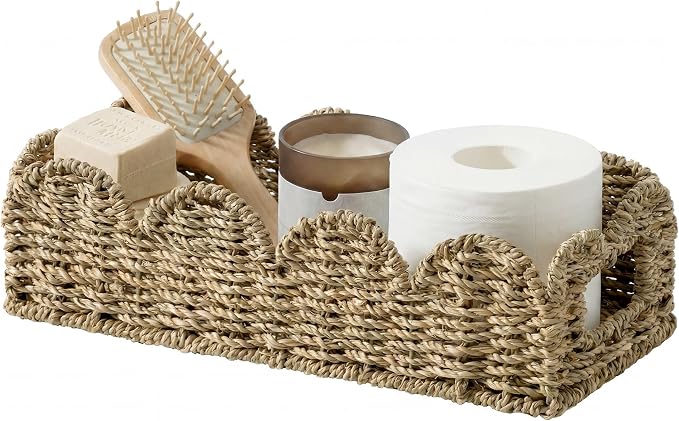StorageWorks Small Wicker Scalloped Baskets for Bathroom Decor, Long Narrow Decorative Seagrass Baskets for Storage, Toilet Paper Basket for Back of Toilet Basket Tank Topper with Handles