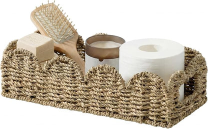 StorageWorks Small Wicker Scalloped Baskets for Bathroom Decor, Long Narrow Decorative Seagrass Baskets for Storage, Toilet Paper Basket for Back of Toilet Basket Tank Topper with Handles