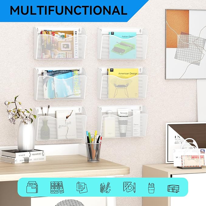 3 Single Pocket Wall File Holder, Mesh Hanging File Folder Paper Organizer, Vertical Wall Mounted Mail Basket, Storage Organization Magazine Rack for Office, Home and School, White