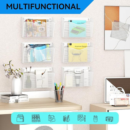 3 Single Pocket Wall File Holder, Mesh Hanging File Folder Paper Organizer, Vertical Wall Mounted Mail Basket, Storage Organization Magazine Rack for Office, Home and School, White