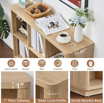 9 Cube Storage Book Shelf, 41" Tall Organizer Bookshelf with Curved Edge, Modern Floor Standing 3-Tier Cubby Bookcase with Base, Wood Display Book Case for Living Room, Home Office,Natural Oak