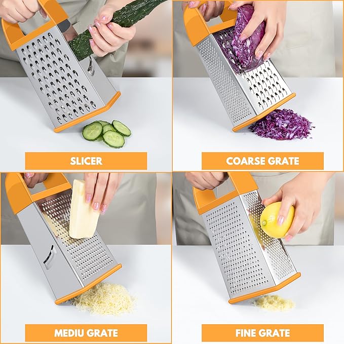 Urbanstrive Cheese Grater With Container, Professional Cheese Grater with Handle, Stainless Steel Graters for Kitchen Handheld, Box Grater with 4 Sides for Vegetables, Ginger, Potatoes (Orange)