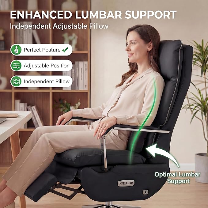 Dual Motor Executive Home Reclining Office Chair with Footrest - One-Click Electric Recline with Massage & Pillow Support Big and Tall PU Leather Ergonomic Desk Chair, High Back Wide Seat (Black)