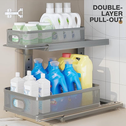 2 Pack 15.5IN-Depth Under Sink Organizer With Next-Gen Ball-Bearing Slides,2-Tier Precision Mesh Pull Out Cabinet Storage for Bathroom&Kitchen,Height Adjustable Drawers Shelf,Anti-rust-Grey