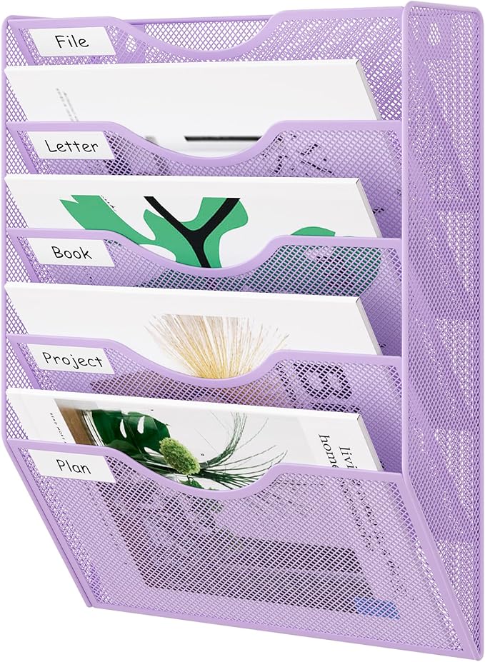 EasyPAG Wall File Organizer 5 Tier Hanging Paper Folder Holder, Zero Assembly Metal Mesh Wall Mounted Mail Organizer for Office Home Classroom Narrow Spaces, Puple