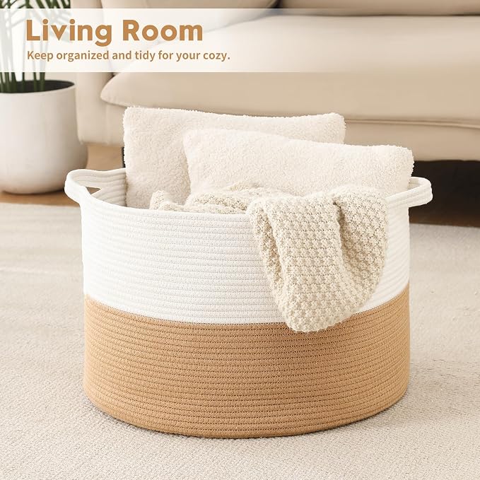 Foldable Laundry Hamper Basket with Collapsible Handle Cotton Rope Soft Woven Fabric Storage Organizer Clothes Toys Nursery Bedroom Dorm Space Saving Bin (White & Camel, 80L(21.7"D x 13.8"H))