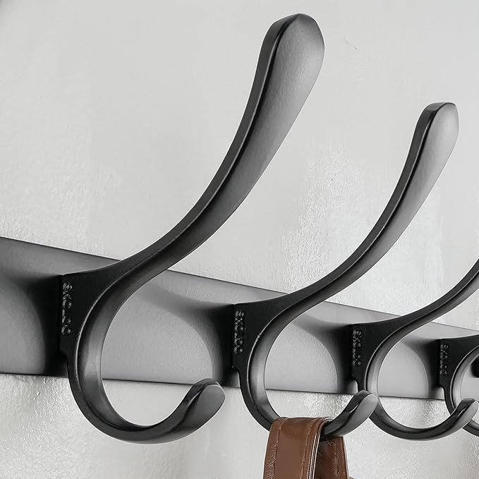 SKOLOO Heavy Duty Wall Mounted Coat Rack - 6 Hooks, Stainless Steel, Pack of 2, Sturdy Coat Hooks for Hanging Clothes, Jacket, Hat, Black