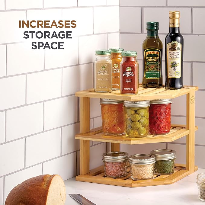Cabinet Organizer Shelf - Bamboo Corner Rack for Kitchen Counter, Cabinet Space Saver for Plates, Dishes, Bowls, Bread - Pantry and Bathroom Storage or Countertop - Useful Home & Housewarming Gift | Kitchen Counter, Cabinet Space Saver, Plates, Dishes,...