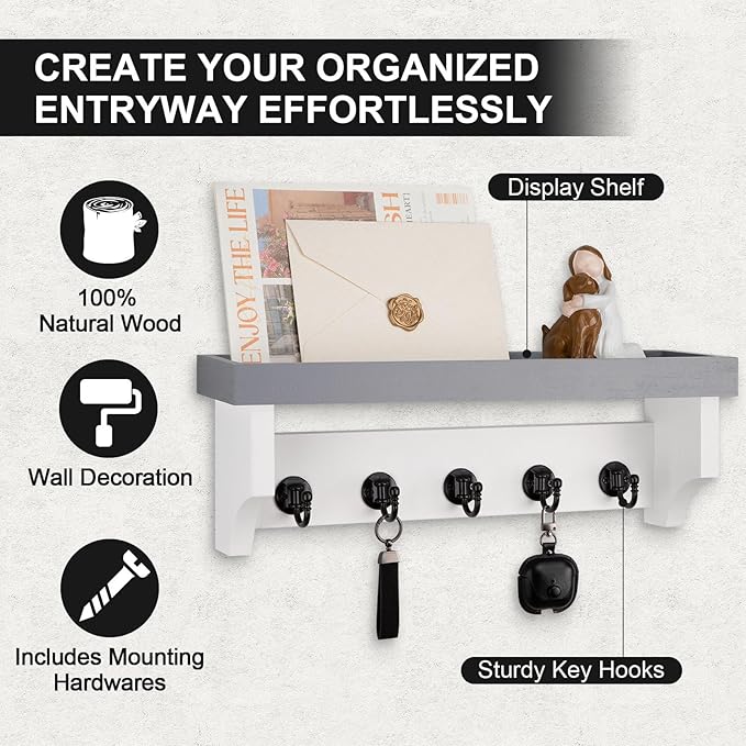 Key and Mail Holder Wall Mount, Key Holder with Shelf and Mail Organizer Wall Mount. Mail Holder with 5 Hooks for Coat, Dog Leash, Home Decor Rack, Entry Way Organizer (Gray & White)