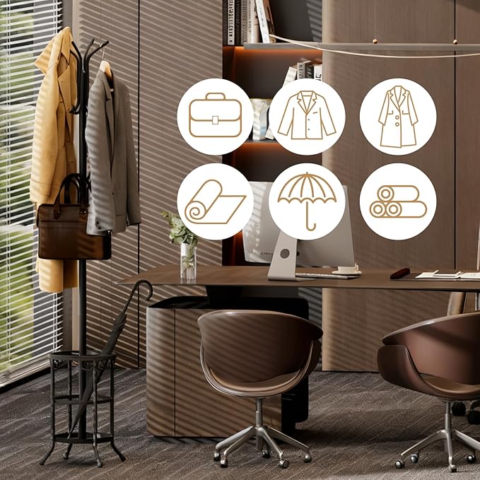 Coat Rack Freestanding with Umbrella Holder – Metal Hanger Stand, Hall Tree with 12 Hooks, Entryway Organizer for Hats, Bags, and Clothes (Black)
