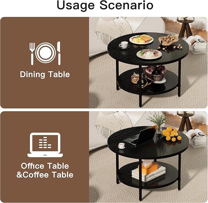 Coffee Table, 27.6“ Circle Coffee Tables for Living Room, 2 Tier Round Coffee Table with Storage, Wood Accent Center Floor Table for Bedroom, Industrial Home Office, Black (27.6" D x 17.7" H)