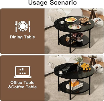 Coffee Table, 27.6“ Circle Coffee Tables for Living Room, 2 Tier Round Coffee Table with Storage, Wood Accent Center Floor Table for Bedroom, Industrial Home Office, Black (27.6" D x 17.7" H)